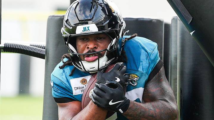 Jacksonville Jaguars Running Back Bhayshul Tuten (33) runs a drill during the fourth day of NFL Training Camp in shells at the Miller Electric Center on Sunday, August 2, 2026, in Jacksonville, Fla.  [Doug Engle/Florida Times-Union]