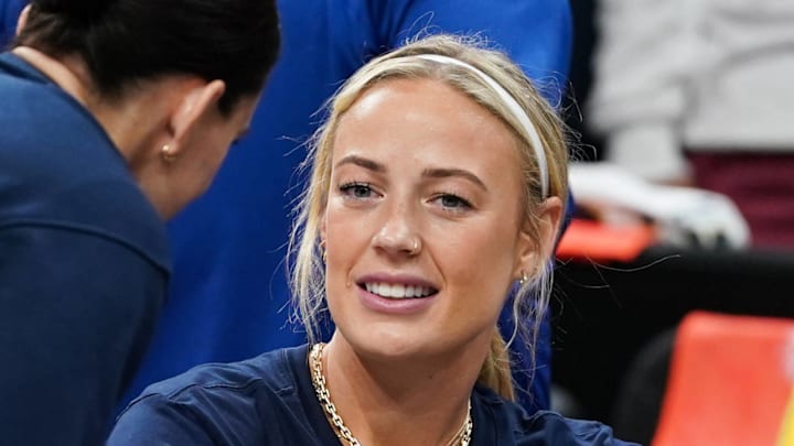 Indiana Fever guard Sophie Cunningham (8) on the sidelines on July 15, 2025.