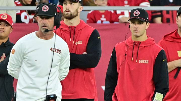 Jan 5, 2025; Glendale, Arizona, USA; San Francisco 49ers quarterback Brock Purdy (right) and head coach Kyle Shanahan (left) look on the in second half against the Arizona Cardinals at State Farm Stadium. Mandatory Credit: Matt Kartozian-Imagn Images Jan 5, 2025; Glendale, Arizona, USA; San Francisco 49ers quarterback Brock Purdy (right) and head coach Kyle Shanahan (left) look on the in second half against the Arizona Cardinals at State Farm Stadium. Mandatory Credit: Matt Kartozian-Imagn Images