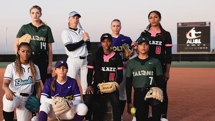 Athletes Unlimited Softball League (AUSL) begins their inaugural season on June 7 with the partnership and support of Major League Baseball. In the picture, from left to right: Montana Fouts, Odicci Alexander, Sis Bates, Skylar Wallace, Amanda Lorenz, Aliyah Andrews, Maya Brady, and Aleshia Ocasio.