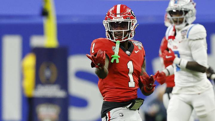 Jan 1, 2026; New Orleans, LA, USA; Georgia Bulldogs wide receiver Zachariah Branch (1) gestures after a first down against the Mississippi Rebels during the 2026 Sugar Bowl and quarterfinal game of the College Football Playoff at Caesars Superdome. Mandatory Credit: Geoff Burke-Imagn Images Jan 1, 2026; New Orleans, LA, USA; Georgia Bulldogs wide receiver Zachariah Branch (1) gestures after a first down against the Mississippi Rebels during the 2026 Sugar Bowl and quarterfinal game of the College Football Playoff at Caesars Superdome. Mandatory Credit: Geoff Burke-Imagn Images