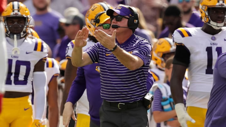 Oct 22, 2022; Baton Rouge, Louisiana, USA;  LSU Tigers head coach Brian Kelly reacts to a play against the Mississippi Rebels during the first half at Tiger Stadium. Mandatory Credit: Stephen Lew-Imagn Images