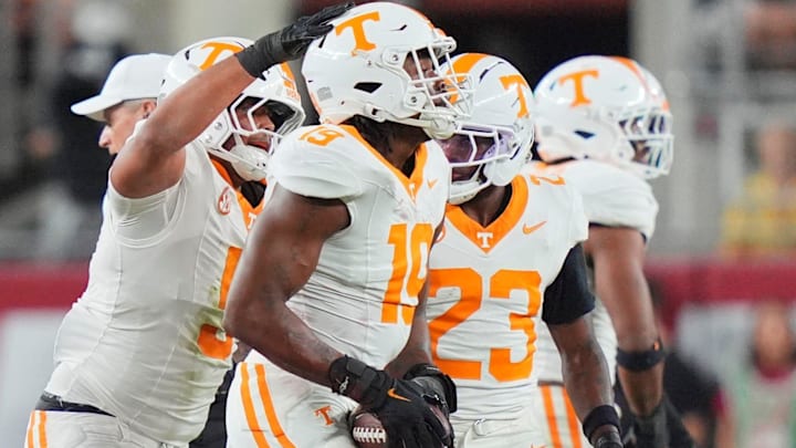 Tennessee’s defense celebrates after Tennessee defensive lineman Joshua Josephs (19) recovered an Alabama fumble during a college football game at Bryant-Denny Stadium in Tuscaloosa, Ala., on Oct. 18, 2025.