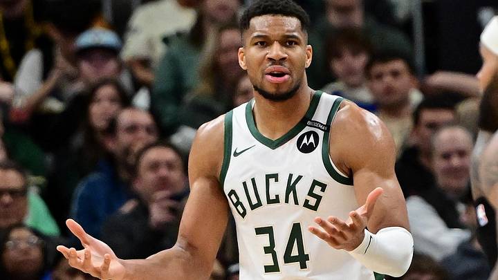 Milwaukee Bucks forward Giannis Antetokounmpo (34) reacts  (Mandatory Credit: Benny Sieu-Imagn Images)