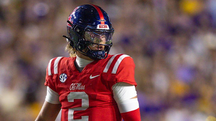 Oct 12, 2024; Baton Rouge, Louisiana, USA;  Mississippi Rebels quarterback Jaxson Dart (2) looks on against the LSU Tigers during the first half at Tiger Stadium. Mandatory Credit: Stephen Lew-Imagn Images
