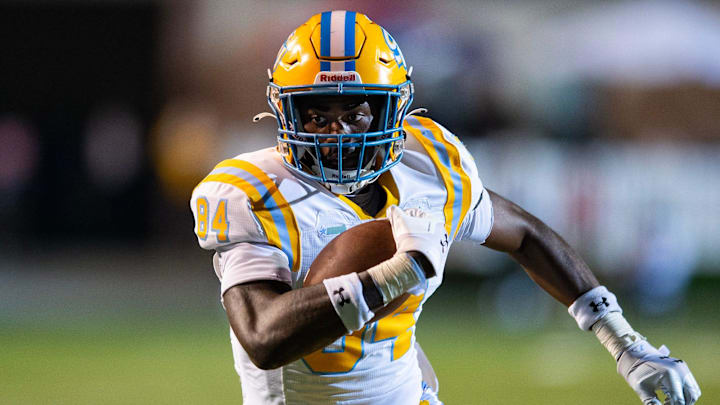 Southern Jaguars' tight end Jermaine Minor, Jr. (84) runs the ball during the game against the Jackson State Tigers in Jackson, Miss., on Saturday, Sept. 14, 2024.