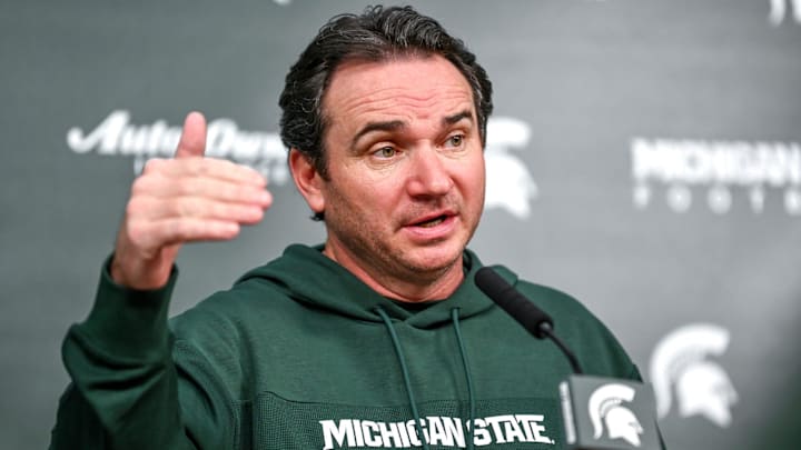 Michigan State coach Jonathan Smith talks the media on the first national signing day for college football recruits Wednesday, Dec. 20, 2023, at Spartan Stadium in East Lansing.