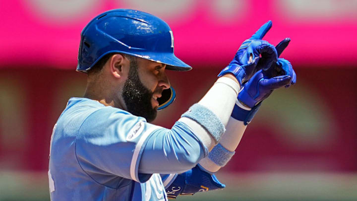 Jul 13, 2022; Kansas City, Missouri, USA; Kansas City Royals third baseman Emmanuel Rivera (26) gestures to the dugout after hitting an RBI double against the Detroit Tigers during the fourth inning at Kauffman Stadium. Mandatory Credit: Jay Biggerstaff-Imagn Images