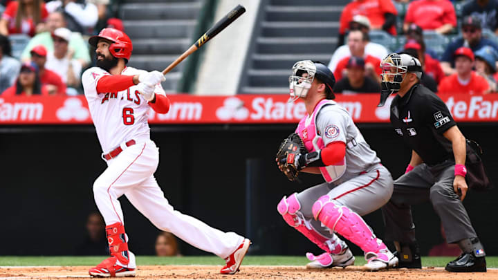 May 8, 2022; Anaheim, California, USA; Los Angeles Angels third baseman Anthony Rendon (6) hits a May 8, 2022; Anaheim, California, USA; Los Angeles Angels third baseman Anthony Rendon (6) hits a