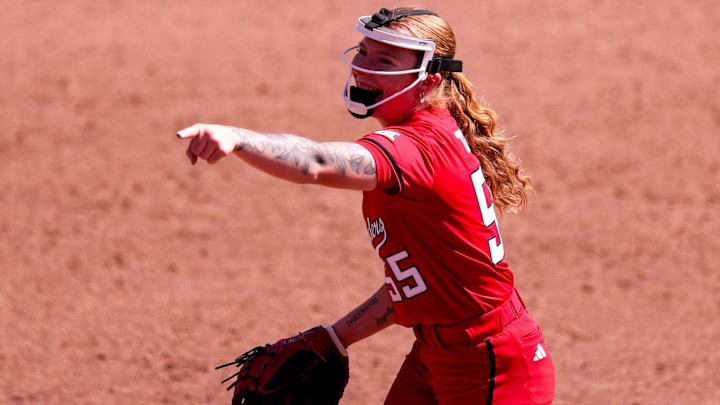 Texas Tech's Kaitlyn Terry celebrates a strikeout against Arizona during a Big 12 Conference softball game, Saturday, March 14, 2026, at Rocky Johnson Field.