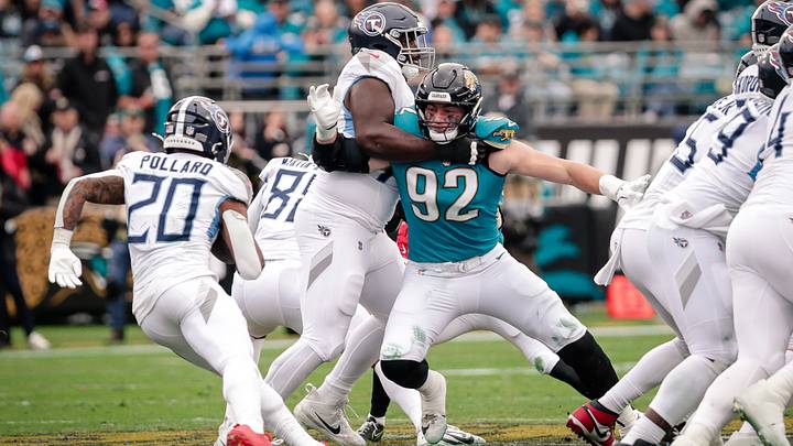 Jan 4, 2026; Jacksonville, Florida, USA; Jacksonville Jaguars defensive lineman Danny Striggow (92) fights through a block against the Tennessee Titans at EverBank Stadium. Mandatory Credit: Travis Register-Imagn Images Jan 4, 2026; Jacksonville, Florida, USA; Jacksonville Jaguars defensive lineman Danny Striggow (92) fights through a block against the Tennessee Titans at EverBank Stadium. Mandatory Credit: Travis Register-Imagn Images