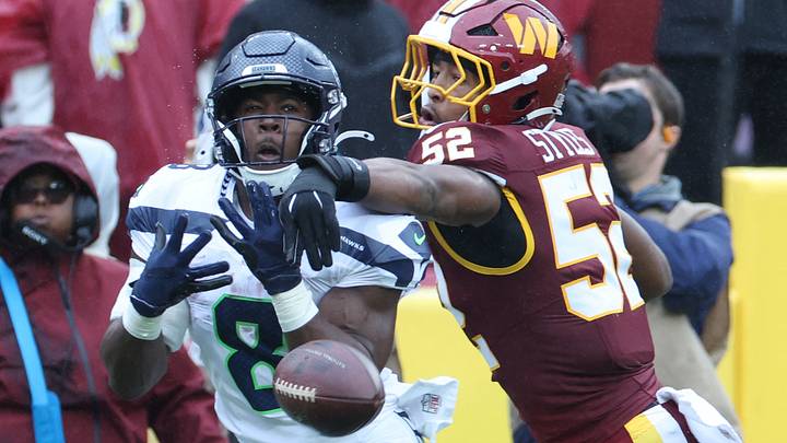 Sep 27, 2026; Landover, Maryland, USA; Washington Commanders linebacker Sonny Styles (52) deflects a pass intended for Seattle Seahawks running back Jadarian Price (8) at Northwest Stadium. Sep 27, 2026; Landover, Maryland, USA; Washington Commanders linebacker Sonny Styles (52) deflects a pass intended for Seattle Seahawks running back Jadarian Price (8) at Northwest Stadium.