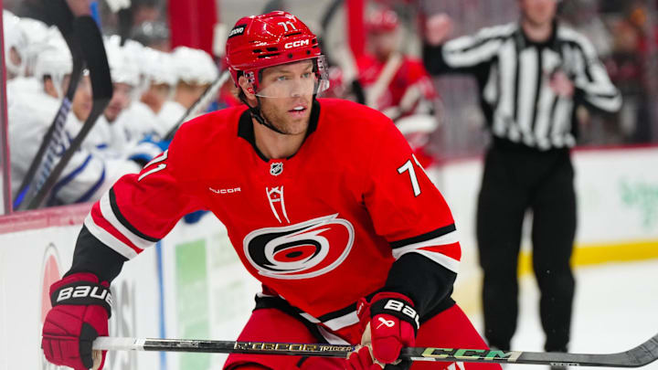 Carolina Hurricanes left wing Taylor Hall skates against the Toronto Maple Leafs during the first period.