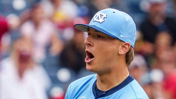 Jun 21, 2026; Omaha, NE, USA; North Carolina Tar Heels pitcher Caden Glauber (27) celebrates after a double play to defeat the Oklahoma Sooners at Charles Schwab Field. Mandatory Credit: Dylan Widger-Imagn Images Jun 21, 2026; Omaha, NE, USA; North Carolina Tar Heels pitcher Caden Glauber (27) celebrates after a double play to defeat the Oklahoma Sooners at Charles Schwab Field. Mandatory Credit: Dylan Widger-Imagn Images