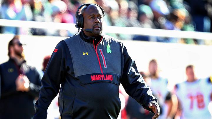 Maryland Terrapins head coach Mike Locksley looks on from the sidelines during the first half against the Michigan State Spartans at Spartan Stadium. Maryland Terrapins head coach Mike Locksley looks on from the sidelines during the first half against the Michigan State Spartans at Spartan Stadium.