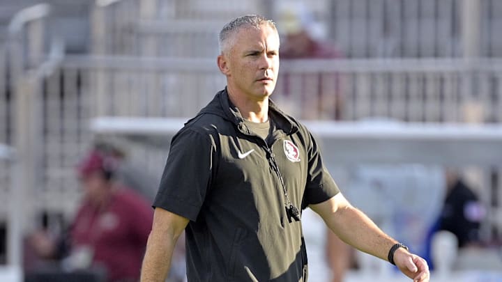 Sep 2, 2024; Tallahassee, Florida, USA; Florida State Seminoles head coach Mike Norvell before the game against the Boston College Eagles at Doak S. Campbell Stadium. Mandatory Credit: Melina Myers-Imagn Images