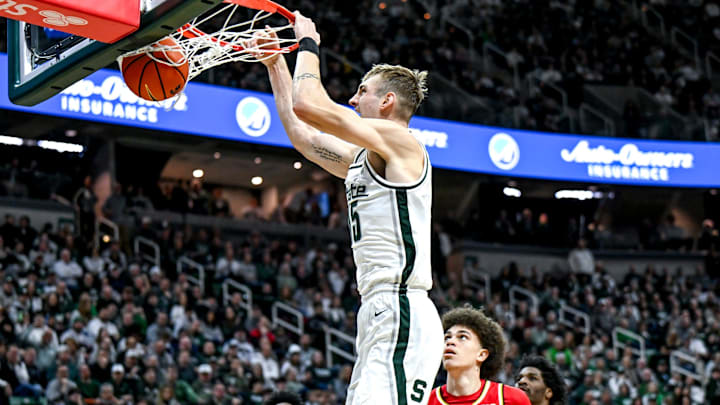 Michigan State's Carson Cooper dunks against Maryland during the first half on Saturday, Jan. 24, 2026, at the Breslin Center in East Lansing. Michigan State's Carson Cooper dunks against Maryland during the first half on Saturday, Jan. 24, 2026, at the Breslin Center in East Lansing.