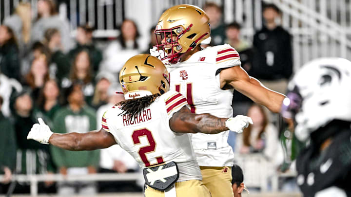 Boston College's Reed Harris, right, celebrates his touchdown with Turbo Richard during the second quarter 'in the game against Michigan State on Saturday, Sept. 6, 2025, at Spartan Stadium in East Lansing.