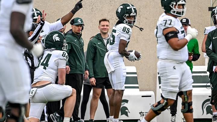Michigan State's Rai'Shawn Elmore catches a pass during the football Spring Showcase on Saturday, April 18, 2026, at Spartan Stadium in East Lansing.