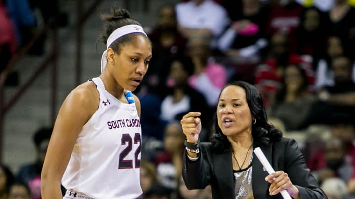Mar 22, 2015; Columbia, SC, USA; South Carolina Gamecocks head coach Dawn Staley directs South Carolina Gamecocks guard/forward A'ja Wilson (22) against the Syracuse Orange in the first half of the second round of the women's NCAA Tournament at Colonial Life Arena. Mandatory Credit: Jeff Blake-Imagn Images