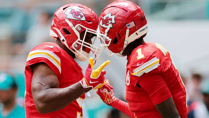 Sep 27, 2026; Miami Gardens, Florida, USA; Kansas City Chiefs running back Kenneth Walker III (9) celebrates with wide receiver Xavier Worthy (1) after scoring a touchdown against the Miami Dolphins during the first quarter at Hard Rock Stadium. Mandatory Credit: Sam Navarro-Imagn Images Sep 27, 2026; Miami Gardens, Florida, USA; Kansas City Chiefs running back Kenneth Walker III (9) celebrates with wide receiver Xavier Worthy (1) after scoring a touchdown against the Miami Dolphins during the first quarter at Hard Rock Stadium. Mandatory Credit: Sam Navarro-Imagn Images