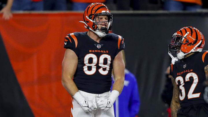 Nov 5, 2023; Cincinnati, Ohio, USA; Cincinnati Bengals tight end Drew Sample (89) reacts after