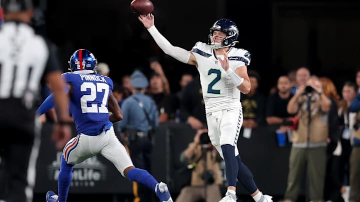 Oct 2, 2023; East Rutherford, New Jersey, USA; Seattle Seahawks quarterback Drew Lock (2) throws a