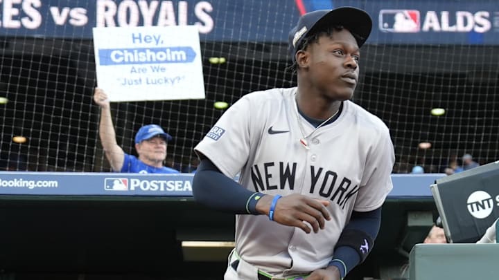 Oct 9, 2024; Kansas City, Missouri, USA; New York Yankees third base Jazz Chisholm Jr. (13) before the game against the Kansas City Royals during game three of the NLDS for the 2024 MLB Playoffs at Kauffman Stadium. Mandatory Credit: Jay Biggerstaff -Imagn Images
