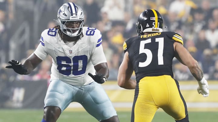 Dallas Cowboys offensive tackle Tyler Guyton blocks at the line of scrimmage against Pittsburgh Steelers.