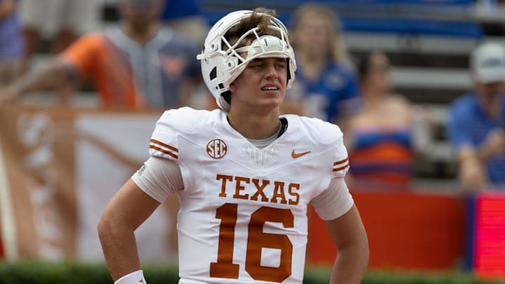 Texas quarterback Arch Manning (16) watches warm ups before an NCAA football game against Florida in Gainesville, FL on Saturday, October 4, 2025. 