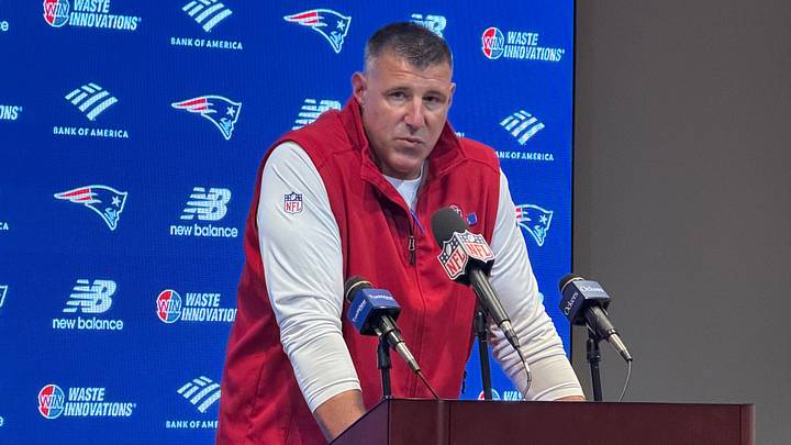 New England Patriots head coach Mike Vrabel speaks to the media after his team's 45-17 win over the Las Vegas Raiders. New England Patriots head coach Mike Vrabel speaks to the media after his team's 45-17 win over the Las Vegas Raiders.