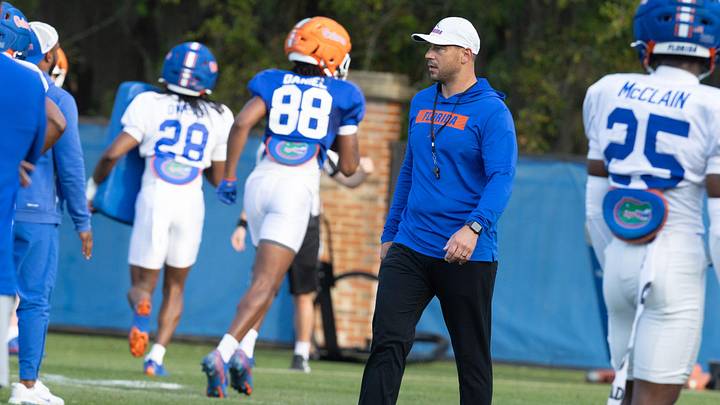 Florida head football coach Jon Sumrall supervises during spring practice at Sanders Practice Fields in Gainesville, FL on Tuesday, March 24, 2026. [Alan Youngblood/Gainesville Sun]