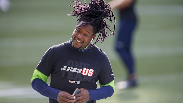Sep 20, 2020; Seattle, Washington, USA; Seattle Seahawks cornerback Shaquill Griffin (26) participate in pregame warmups before a game against the New England Patriots at CenturyLink Field. Sep 20, 2020; Seattle, Washington, USA; Seattle Seahawks cornerback Shaquill Griffin (26) participate in pregame warmups before a game against the New England Patriots at CenturyLink Field.
