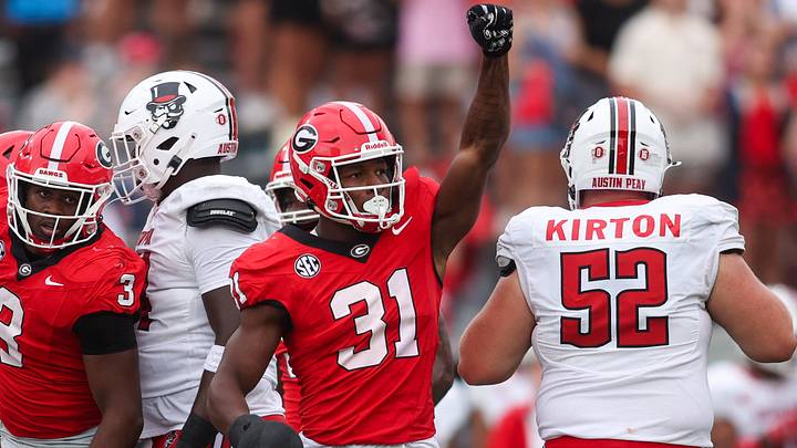 Sep 6, 2025; Athens, Georgia, USA; Georgia Bulldogs defensive back Kyron Jones (31) reacts after a stop on defense against the Austin Peay Governors in the third quarter at Sanford Stadium. Mandatory Credit: Brett Davis-Imagn Images