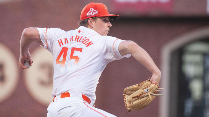Aug 13, 2024; San Francisco, California, USA;  San Francisco Giants pitcher Kyle Harrison (45) throws a pitch against the Atlanta Braves during the third inning at Oracle Park.
