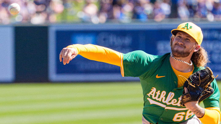 Mar 9, 2025; Peoria, Arizona, USA; Oakland Athletics pitcher Joey Estes (68) on the mound in the first inning for a spring training game between the at Camelback Ranch-Glendale. Mandatory Credit: Allan Henry-Imagn Images