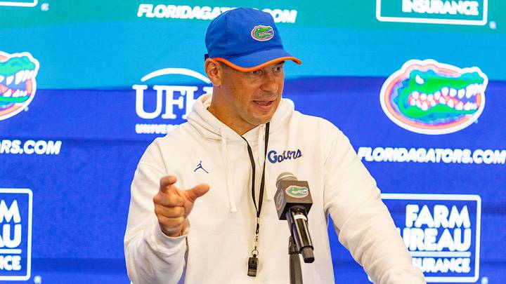Florida head coach Jon Sumrall speaks after spring practice. Florida head coach Jon Sumrall speaks after spring practice.