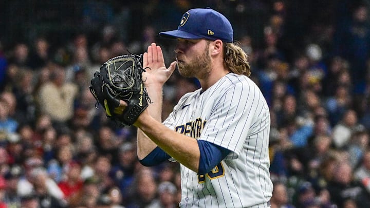 Apr 29, 2023; Milwaukee, Wisconsin, USA; Milwaukee Brewers pitcher Corbin Burnes (39) reacts after