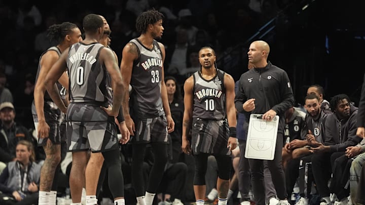 Apr 3, 2025; Brooklyn, New York, USA; Brooklyn Nets head coach Jordi Fernandez speaks to his players at a break in the action during the first half against the Minnesota Timberwolves at Barclays Center. Mandatory Credit: Gregory Fisher-Imagn Images