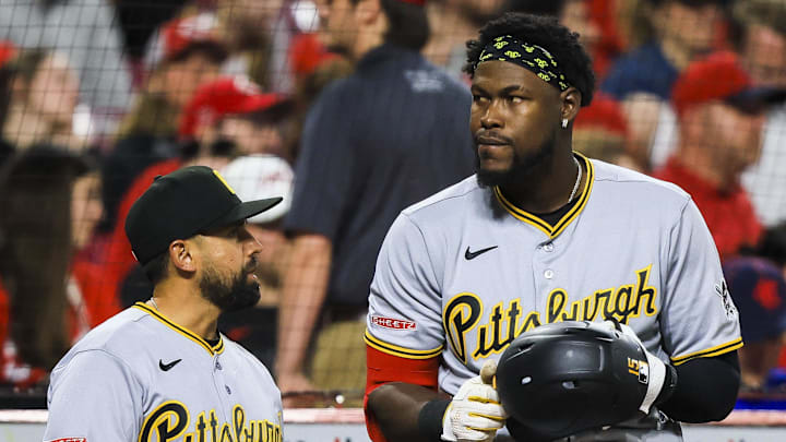 Mar 30, 2026; Cincinnati, Ohio, USA; Pittsburgh Pirates outfielder Oneil Cruz (15) stands on deck during a pitching change in the seventh inning in the game against the Cincinnati Reds at Great American Ball Park. Mandatory Credit: Katie Stratman-Imagn Images