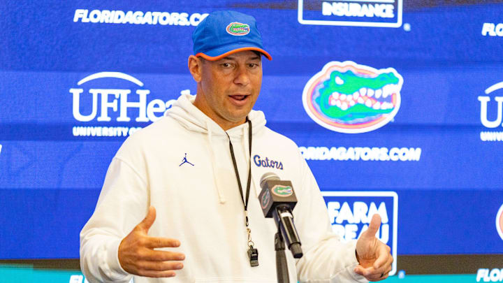 Florida head coach Jon Sumrall speaks after spring practice at Sanders Practice Fields in Gainesville, FL on Tuesday, April 7, 2026. [Alan Youngblood/Gainesville Sun]