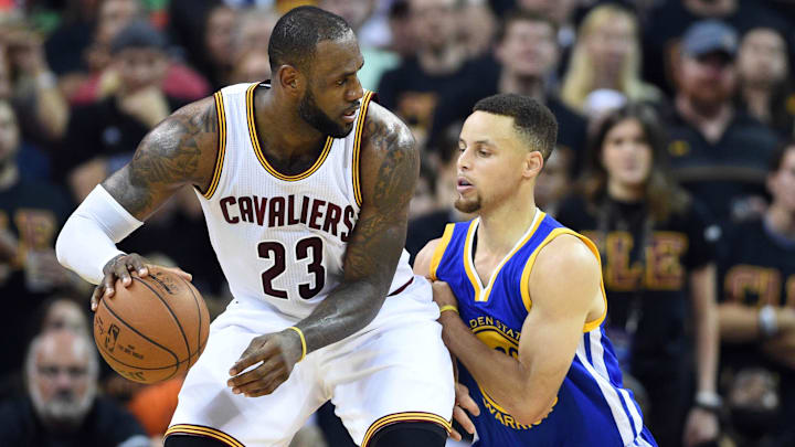 Jun 16, 2016; Cleveland, OH, USA; Cleveland Cavaliers forward LeBron James (23) handles the ball against Golden State Warriors guard Stephen Curry (30) during the second quarter in game six of the NBA Finals at Quicken Loans Arena. Mandatory Credit: Bob Donnan-Imagn Images Jun 16, 2016; Cleveland, OH, USA; Cleveland Cavaliers forward LeBron James (23) handles the ball against Golden State Warriors guard Stephen Curry (30) during the second quarter in game six of the NBA Finals at Quicken Loans Arena. Mandatory Credit: Bob Donnan-Imagn Images