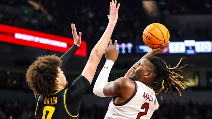 South Carolina basketball forward BJ Mack shooting over Missouri's Jordan Butler