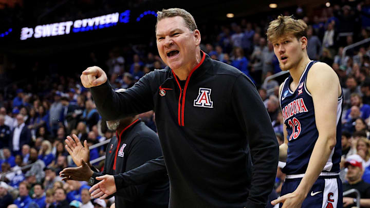 Mar 27, 2025; Newark, NJ, USA; Arizona Wildcats head coach Tommy Lloyd during the second half against the Duke Blue Devils during an East Regional semifinal of the 2025 NCAA tournament at Prudential Center. Mandatory Credit: Vincent Carchietta-Imagn Images