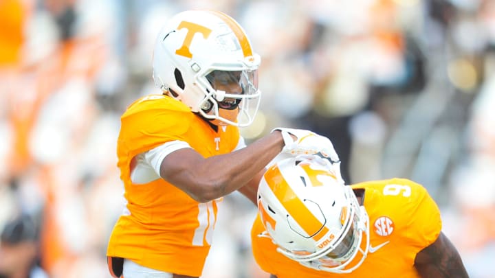 Tennessee wide receiver Squirrel White (10) celebrates Tennessee wide receiver Ramel Keyton (9) during a football game between Tennessee and Vanderbilt at Neyland Stadium in Knoxville, Tenn., on Saturday, Nov. 25, 2023.