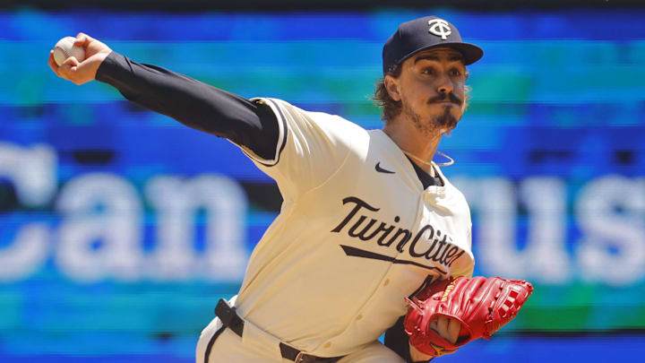 Jul 6, 2025; Minneapolis, Minnesota, USA; Minnesota Twins starting pitcher Joe Ryan (41) throws to the Tampa Bay Rays in the first inning at Target Field. 