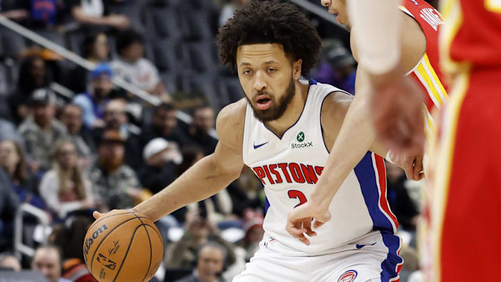 Feb 3, 2025; Detroit, Michigan, USA;  Detroit Pistons guard Cade Cunningham (2) dribbles in the first half against the Atlanta Hawks at Little Caesars Arena. Mandatory Credit: Rick Osentoski-Imagn Images