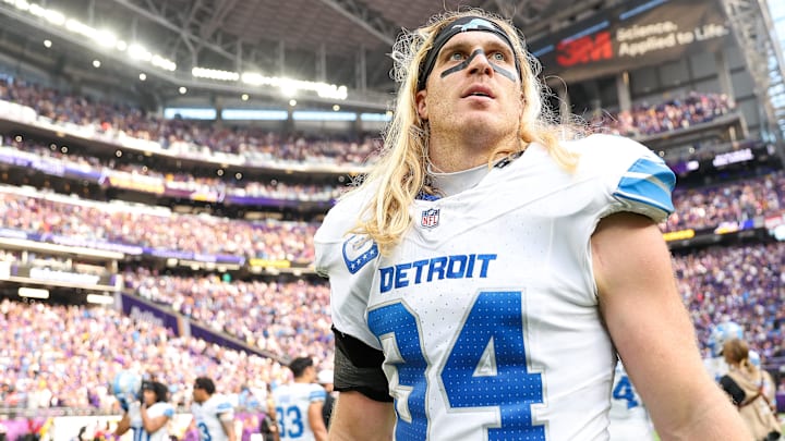 Detroit Lions linebacker Alex Anzalone (34) walks on the field after his team's win against the Minnesota Vikings at U.S. Bank Stadium.