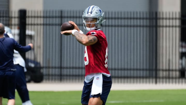 Jun 5, 2024; Frisco, TX, USA; Dallas Cowboys quarterback Trey Lance (19) goes through a drill during practice at the Ford Center at the Star Training Facility in Frisco, Texas. Mandatory Credit: Chris Jones-USA TODAY Sports Jun 5, 2024; Frisco, TX, USA; Dallas Cowboys quarterback Trey Lance (19) goes through a drill during practice at the Ford Center at the Star Training Facility in Frisco, Texas. Mandatory Credit: Chris Jones-USA TODAY Sports