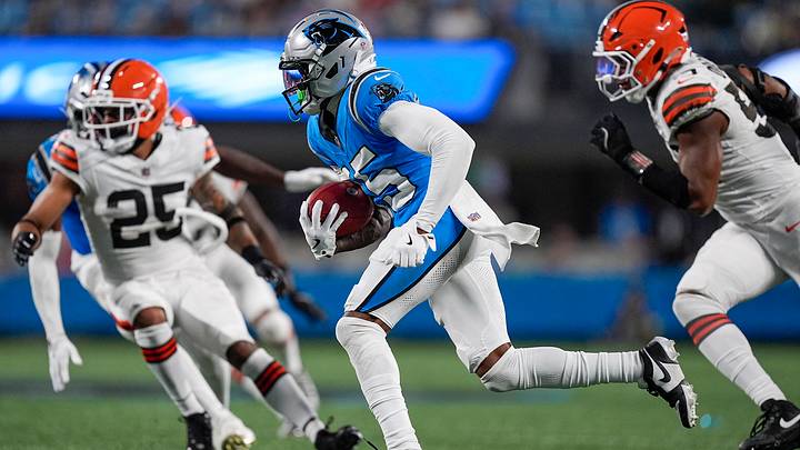 Carolina Panthers wide receiver Jimmy Horn Jr. (15) runs with the ball against the Cleveland Browns during the second half at Bank of America Stadium. Mandatory Credit: Jim Dedmon-Imagn Images Carolina Panthers wide receiver Jimmy Horn Jr. (15) runs with the ball against the Cleveland Browns during the second half at Bank of America Stadium. Mandatory Credit: Jim Dedmon-Imagn Images